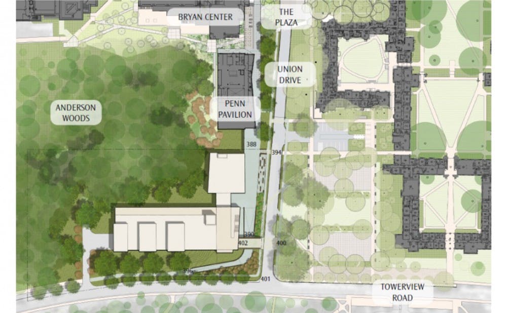 The new Student Health and Wellness Center will be located across from Penn Pavilion and next to Kilgo Quadrangle, as shown above.