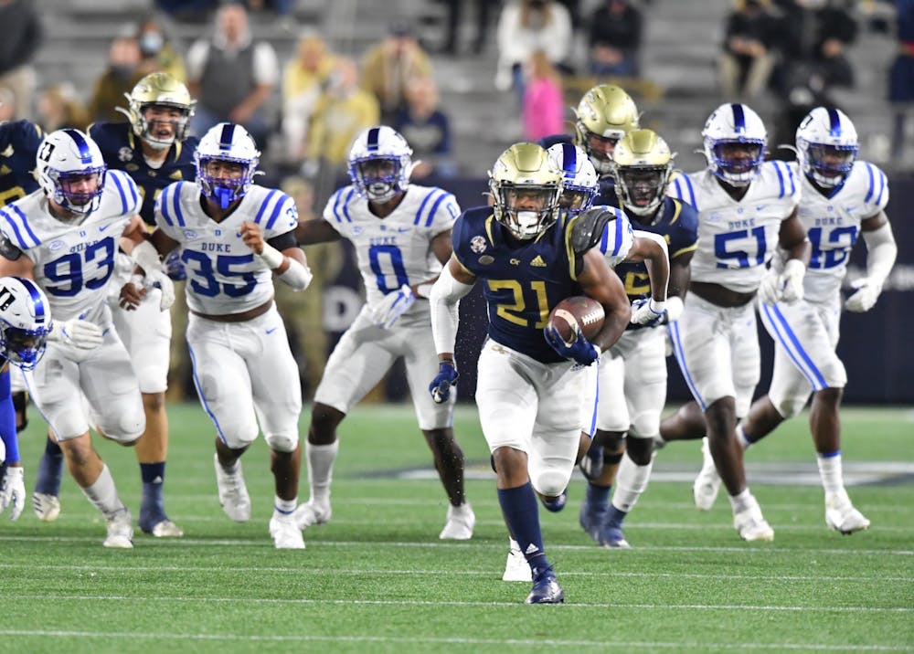 <p>Though the Yellow Jackets no longer use a triple option offense, they still torched the Blue Devils on the ground Saturday night.</p>