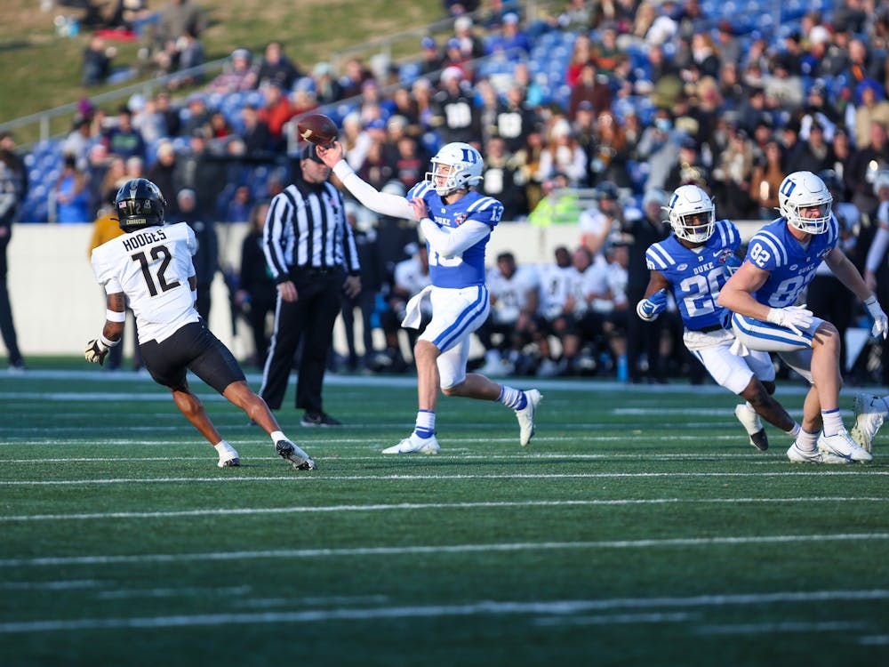 Riley Leonard lets one loose during the first half of Duke's Military Bowl win against UCF.