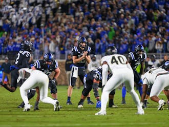 Quarterback Grayson Loftis prepares for a snap in Duke football's victory against Wake Forest.