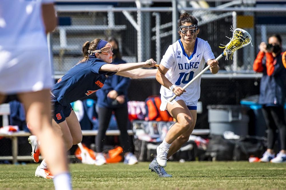 Anna Callahan cradles in Duke's first Morgan's Message dedication game against Syracuse March 6, 2021. 