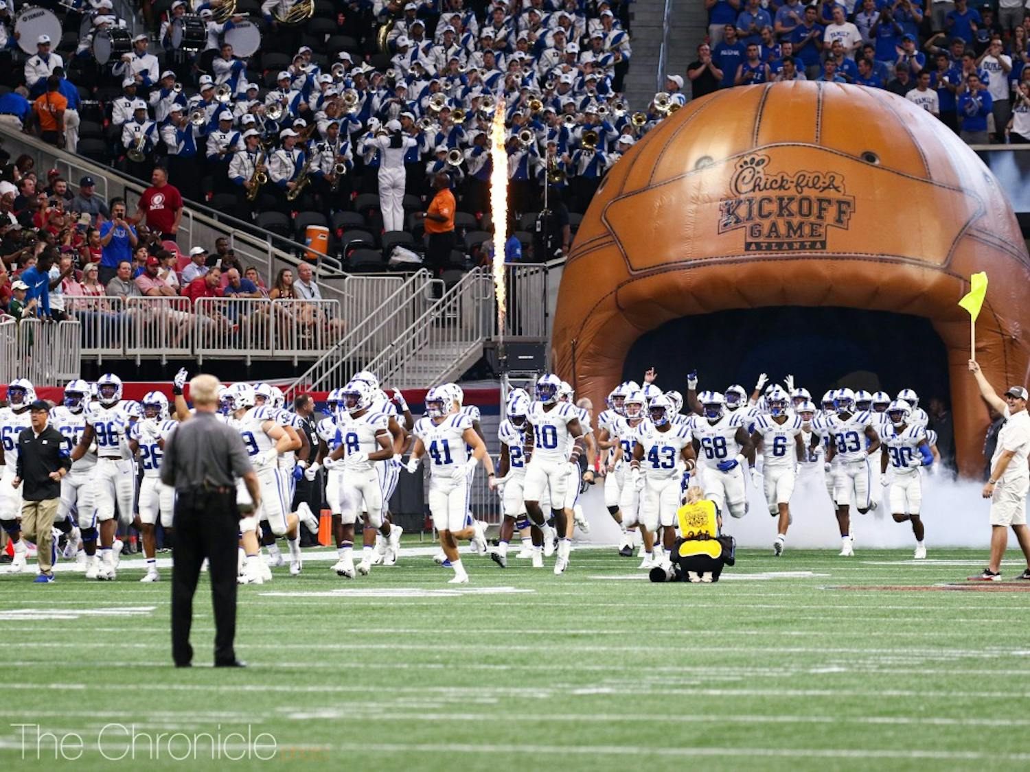 Duke Football played Alabama at the 2019 Chick-fil-A Kickoff Game at the Mercedes-Benz Stadium in Atlanta, Georgia. Final score was 3-42, with Alabama winning the Old Leather Helmet.&nbsp;