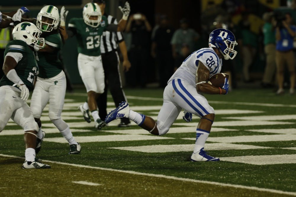 Senior Shaquille Powell scored Duke's first touchdown of the season on a three-yard shovel pass from Thomas Sirk.