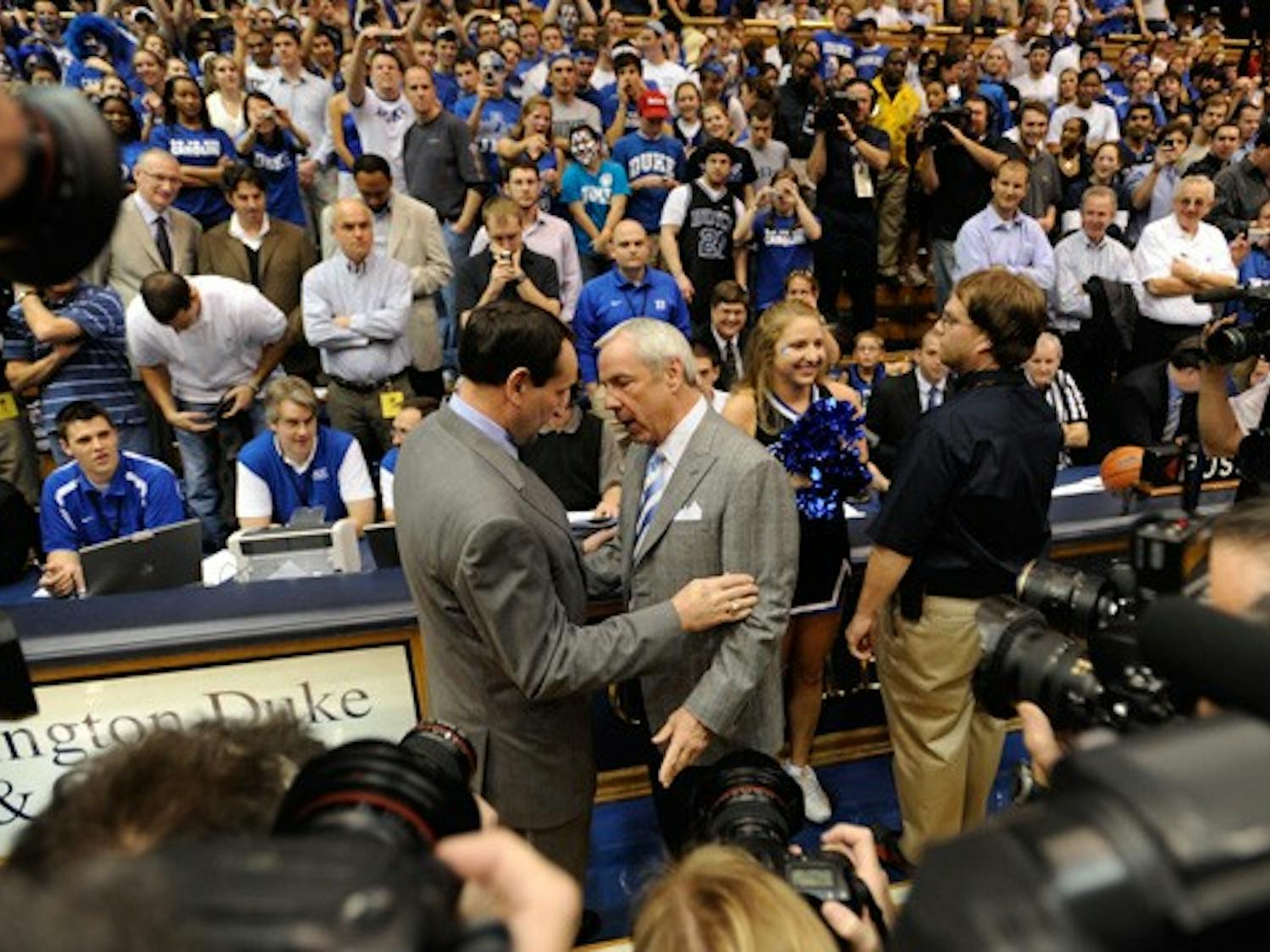The last time Mike Krzyzewski and Roy Williams met at center court in Cameron Indoor Stadium, the Tar Heels had come away victorious.