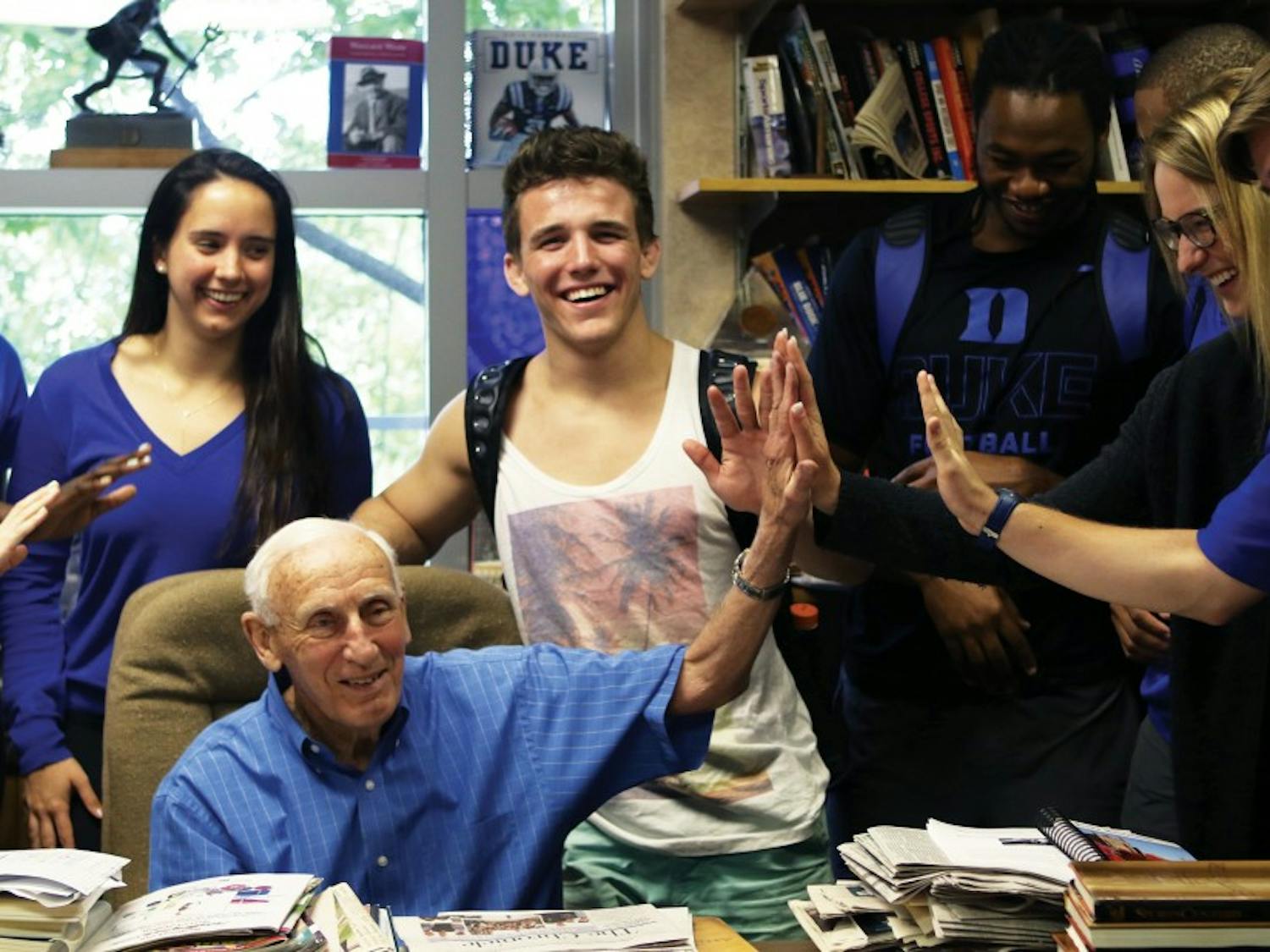Al Buehler taught one of his last classes in his office in Cameron Indoor Stadium Monday afternoon. Buehler has been at Duke for 60 years.
