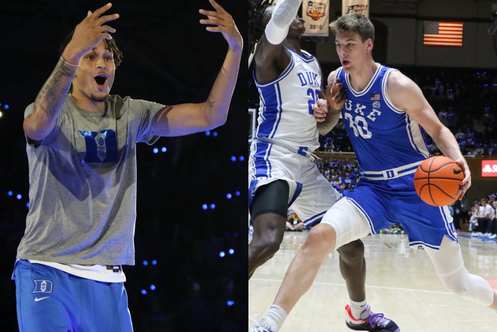 Dereck Lively II (left) and Kyle Filipowski (right) figure to play key roles for Duke this season.