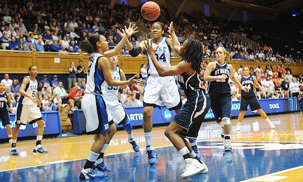 Krystal Thomas used Duke’s height advantage to become one of eight Blue Devils to score at least eight Saturday.