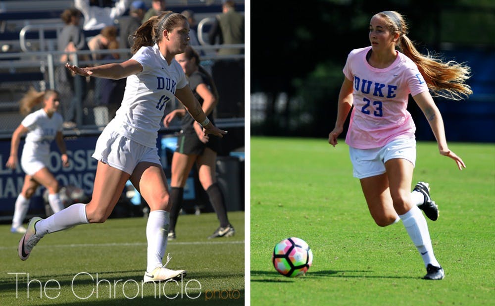<p>Sophomores Ella Stevens and Emma Carlson grew up playing together in Georgia and are now best friends and teammates at Duke.&nbsp;</p>