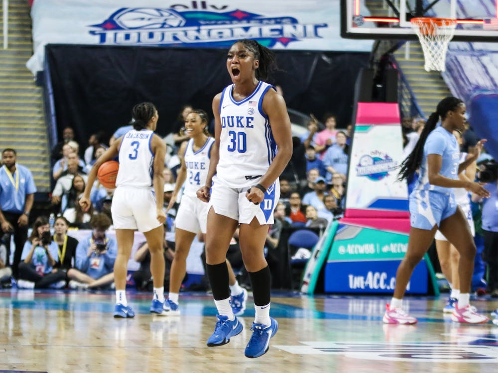 Shayeann Day-Wilson celebrates during the second half of Duke's come-from-behind win Friday against North Carolina.