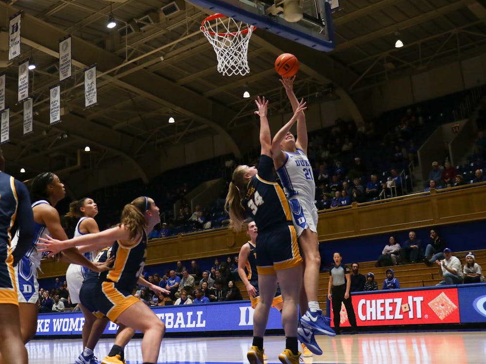 Camilla Emsbo powers upward at the basket during Duke's win against Toledo.