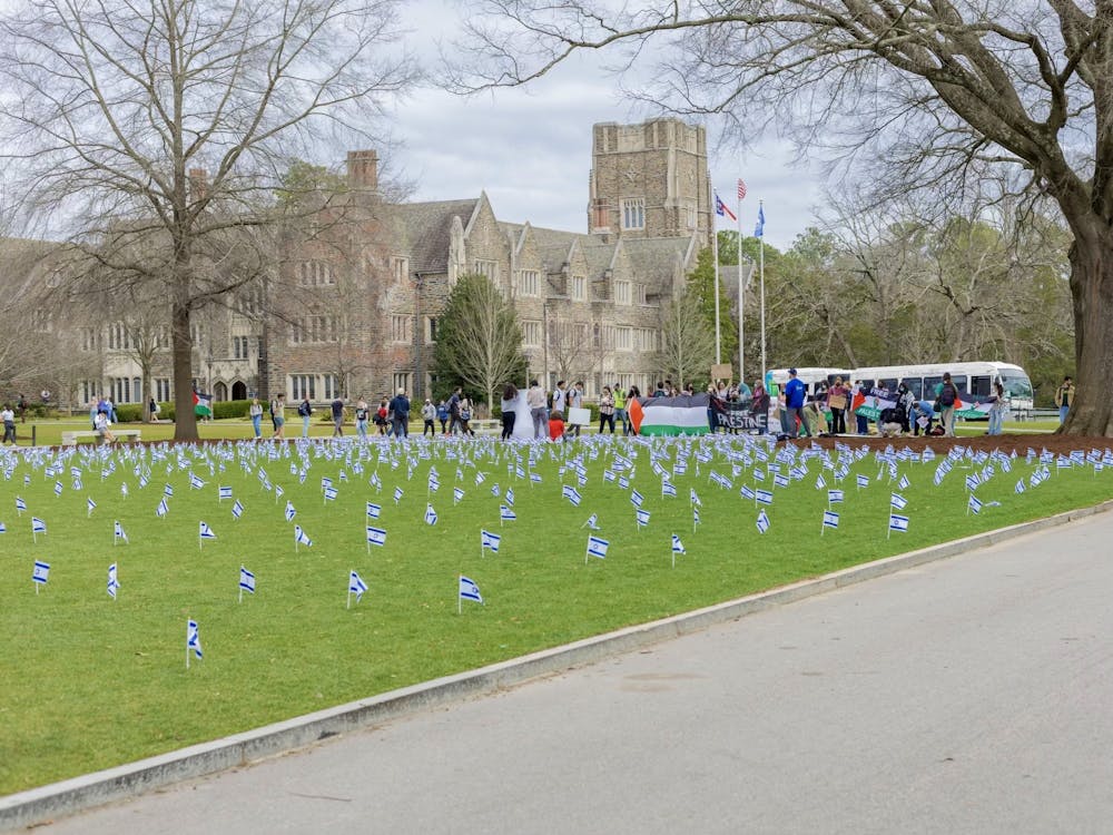 <p>A March 4 demonstration on Abele Quad marked the first simultaneous protest by pro-Israel and pro-Palestinian students on Duke’s campus since the onset of the Israel-Hamas war.</p>