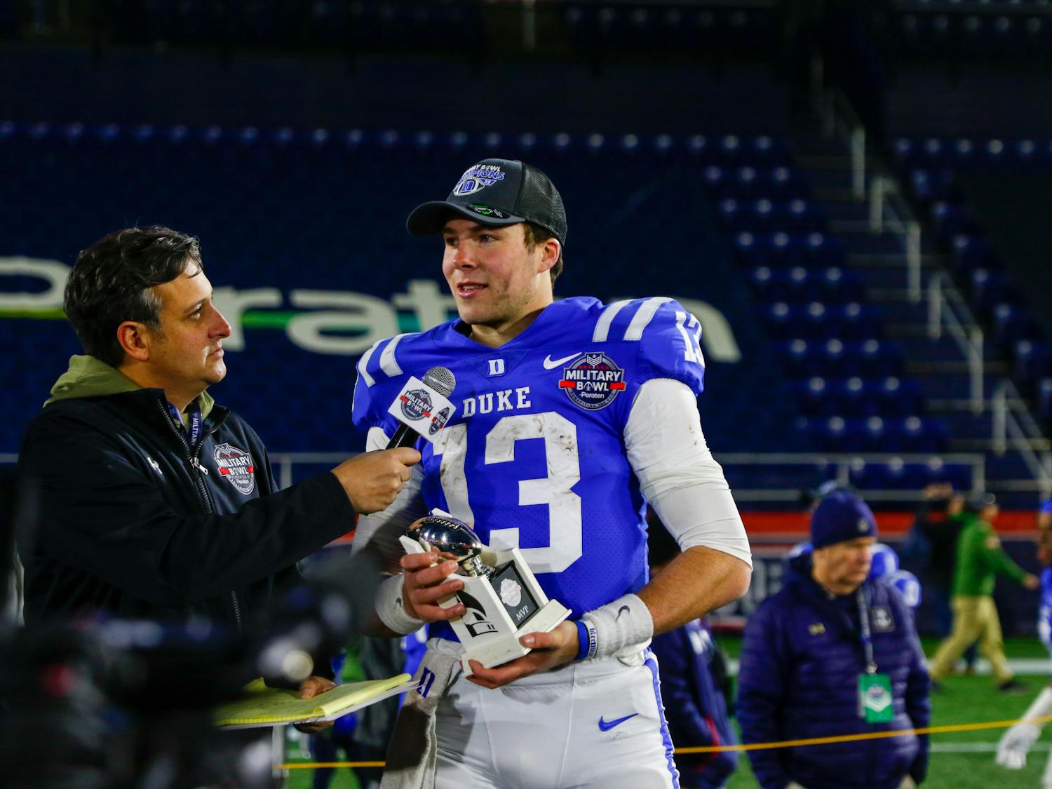 Riley Leonard accepts Military Bowl MVP honors after leading Duke to victory over UCF.