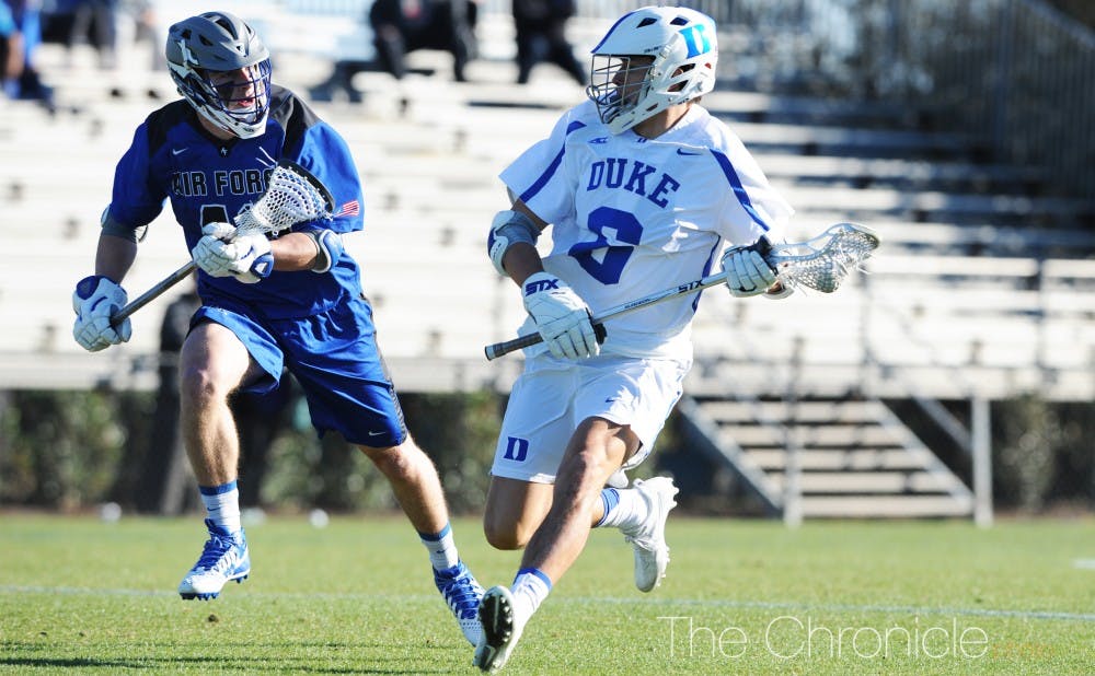 <p>John Prendergast gave the Blue Devils a lift Saturday with a pair of goals before Duke gave up a 6-1 fourth-quarter run that sealed its fate.&nbsp;</p>
