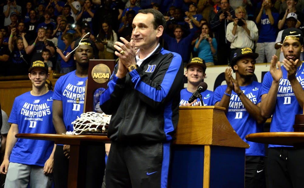 Duke head coach Mike Krzyzewski and the Blue Devils received a warm reception Tuesday at Cameron Indoor Stadium after returning with the program’s fifth national title.