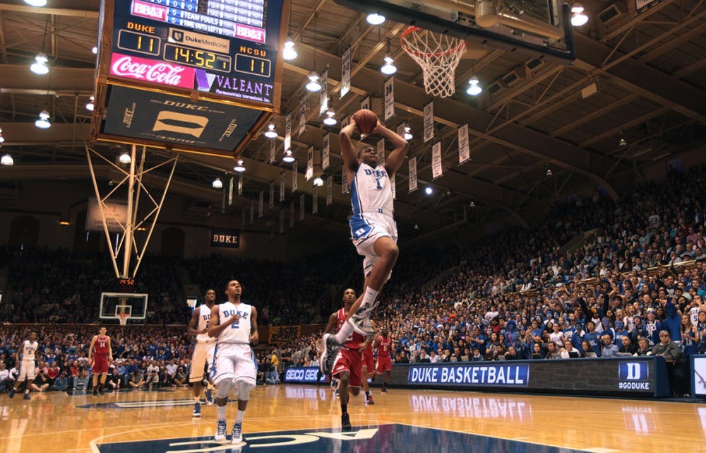 Having fresh legs on the court allowed Duke to get a number of easy buckets in transition, like this Jabari Parker dunk in the first half of a 95-60 victory.