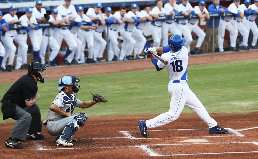 <p>Catcher Cris Perez and the Blue Devils could not catch up to the North Carolina pitching for much of the weekend, leaving runners in scoring position.</p>