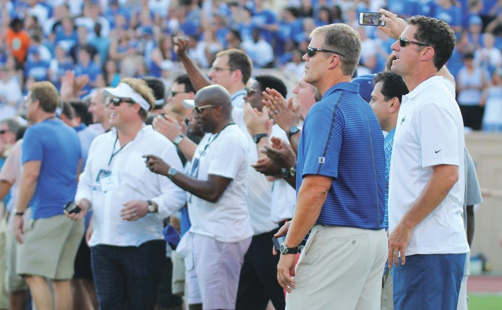 The 1989 ACC champion Blue Devil football team was honored at Saturday’s season opener at Wallace Wade Stadium, a 52-13 Duke victory against Elon. Led by head coach Steve Spurrier, the ‘89 Blue Devils upset No. 7 Clemson and shared the conference title with Virginia.