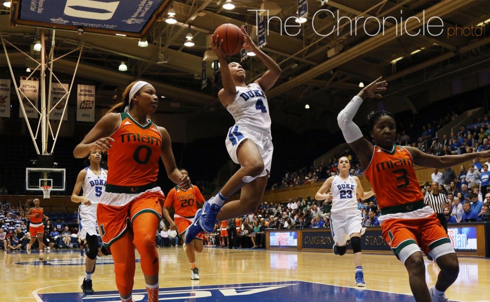 Lexie Brown was perfect on her four 3-point attempts&nbsp;against Miami and scored 28 points to help Duke beat its sixth ranked opponent of the season.