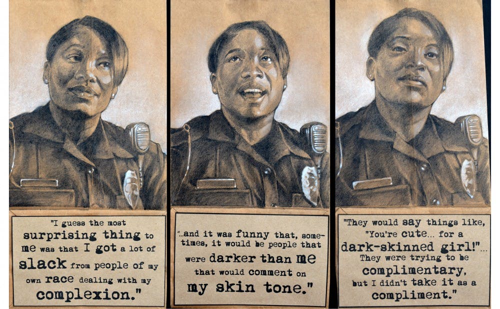 Officer Watkins discusses struggles she had growing up related to comments and treatment by other African Americans because of her dark skin tone. Triptych, charcoal, pastel, and collage on brown paper bags, 2014, by Steven M. Cozart, winner of the 2016 Lange-Taylor Prize.