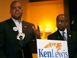 Kenneth Lewis, Trinity ‘83, accepts an endorsement from Durham Mayor Bill Bell for the Democratic Party’s U.S. Senate nomination. Bell announced his support for Lewis, a Durham attorney, at Beyu Caffe Monday.