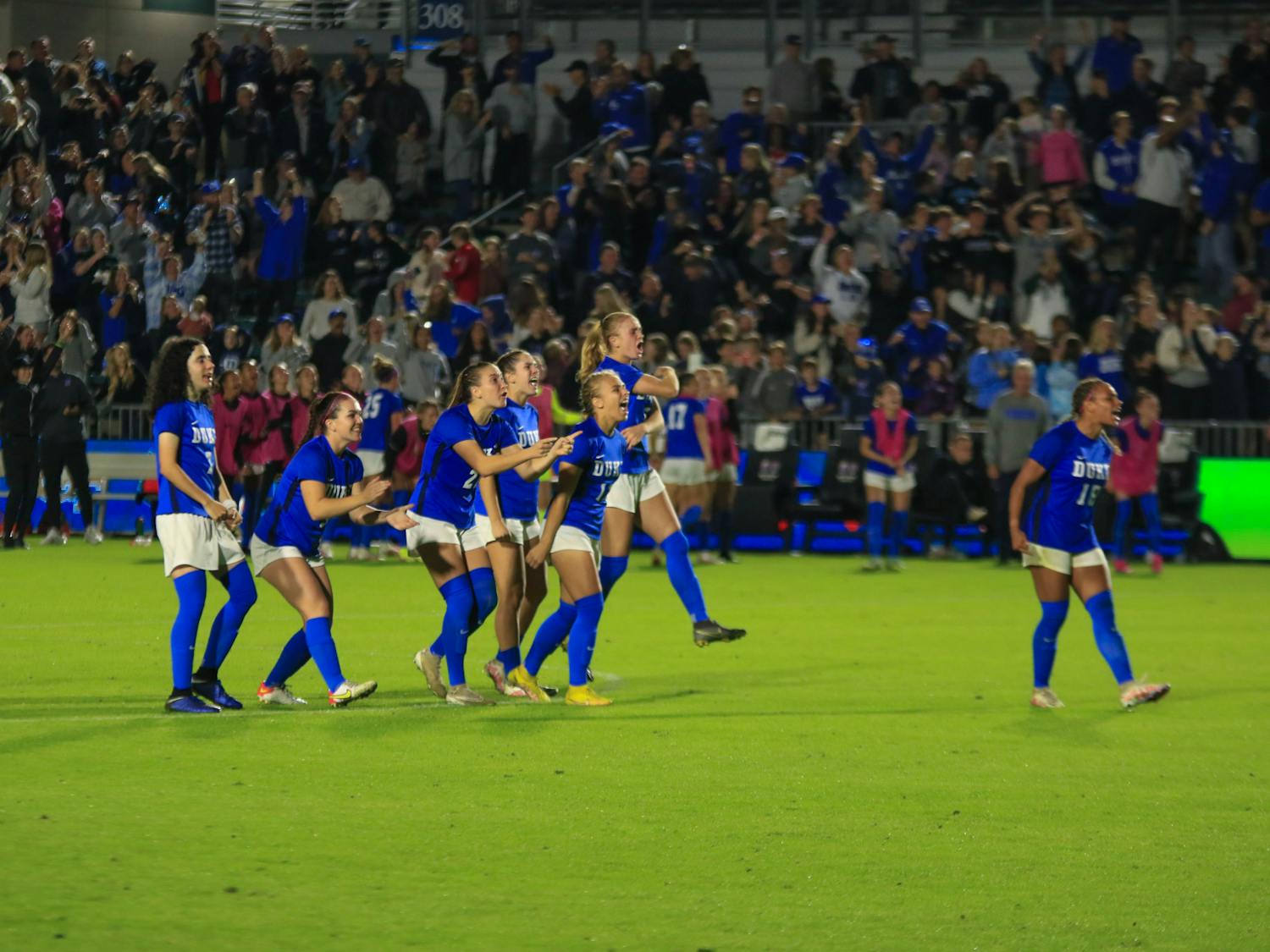 Duke celebrates during a thrilling loss in penalties to North Carolina at the ACC tournament in Cary, N.C.
