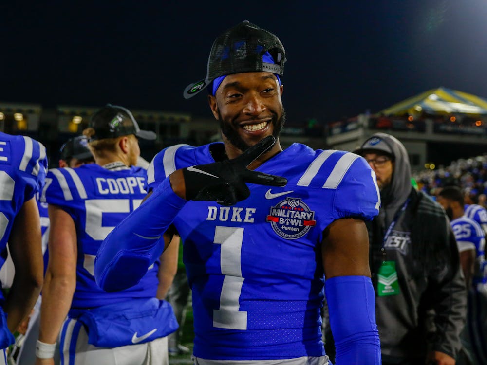 Darius Joiner celebrate's Duke's Military Bowl win against UCF.