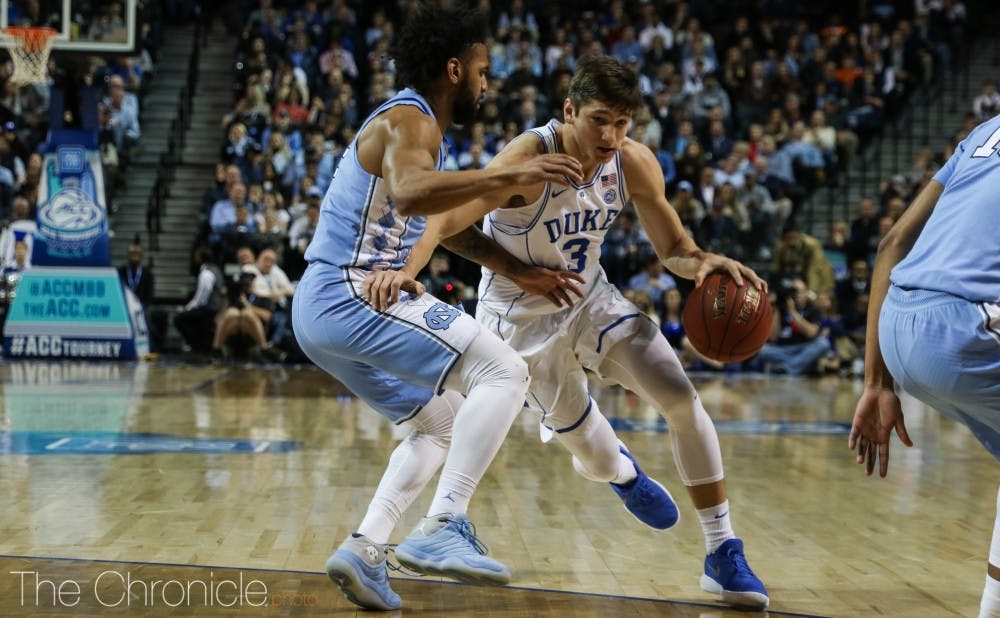 <p>Grayson Allen lost what was likely his last college matchup against childhood teammate Joel Berry II.</p>