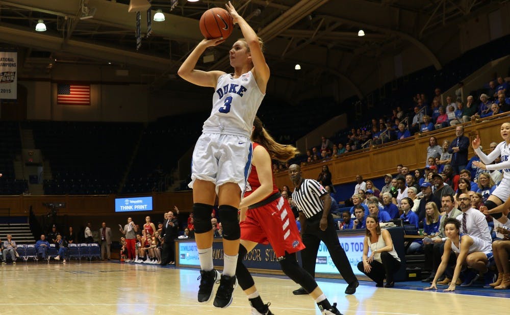 <p>Miela Goodchild, normally Duke's strongest weapon from three, struggled to get much production against Louisville.</p>