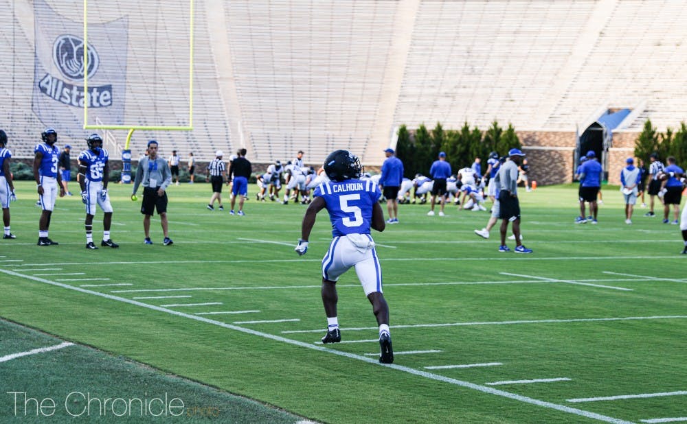 <p>Freshman Jalon Calhoun impressed in Duke's intrasquad scrimmage, making a big play near the end of the match.</p>