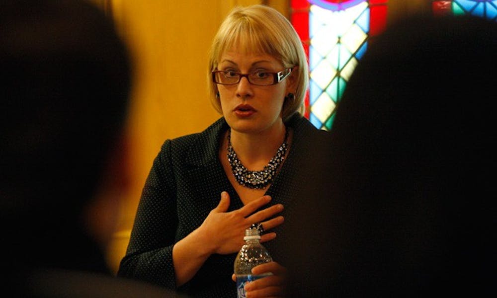 Kyrsten Sinema, a Democratic member of the Arizona House of Representatives, elaborates on the state of the U.S. health care system Monday in the Old Trinity Room.