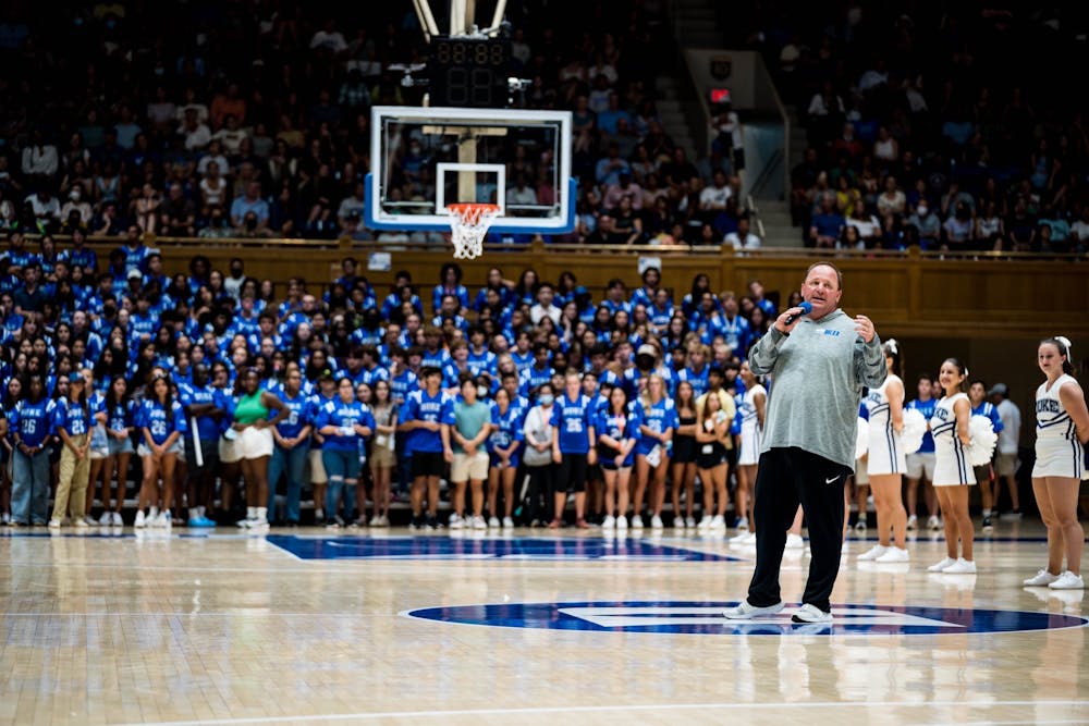 Duke head coach Mike Elko addressed first-year students Saturday in Cameron Indoor Stadium.