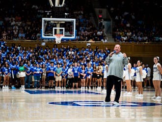Duke head coach Mike Elko addressed first-year students Saturday in Cameron Indoor Stadium.