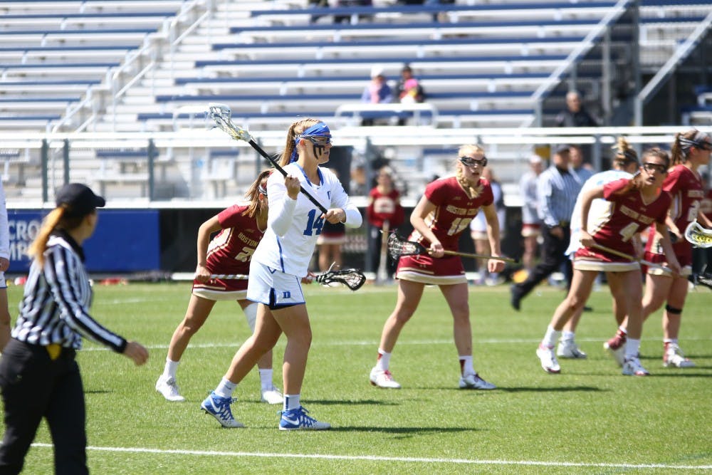<p>Freshman faceoff specialist Olivia Jenner scored two goals for the Blue Devils Saturday, but Duke could not hold a late two-goal lead on the road against No. 10 Notre Dame.</p>
