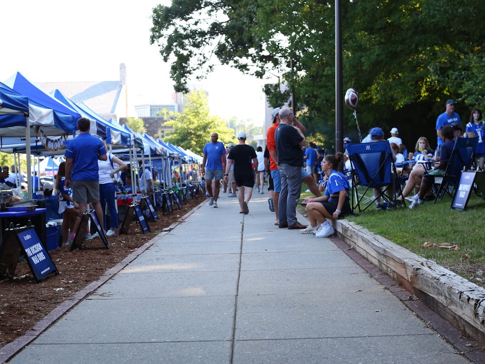 Duke football fans tailgate outside of Wallace Wade Stadium. 