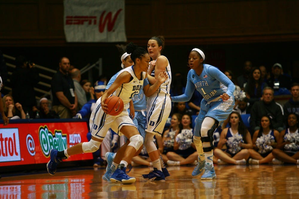 Freshman Azura Stevens recorded a double-double as the Blue Devils surged back from an 11-point halftime deficit against North Carolina Sunday.