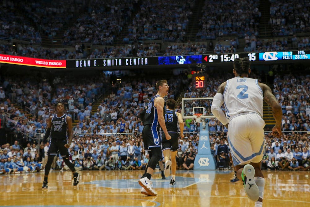 Kyle Filipowski (center) shows some emotion during the second half of Duke's win at North Carolina.