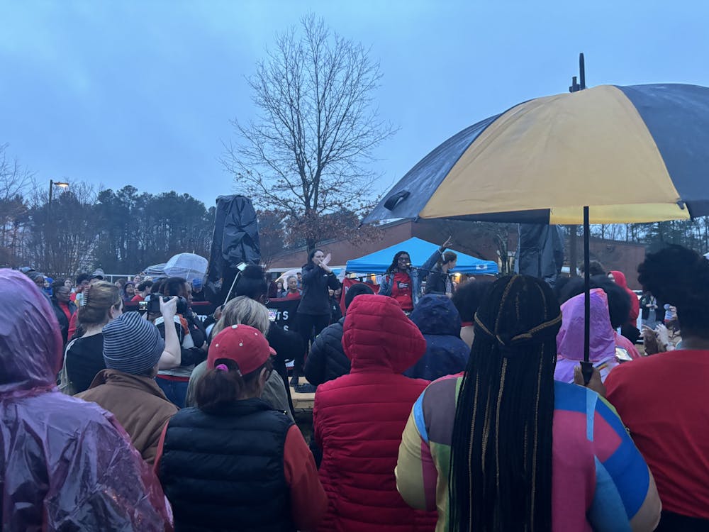 Demonstrators at a Jan. 25 rally organized by the Durham Association of Educators.