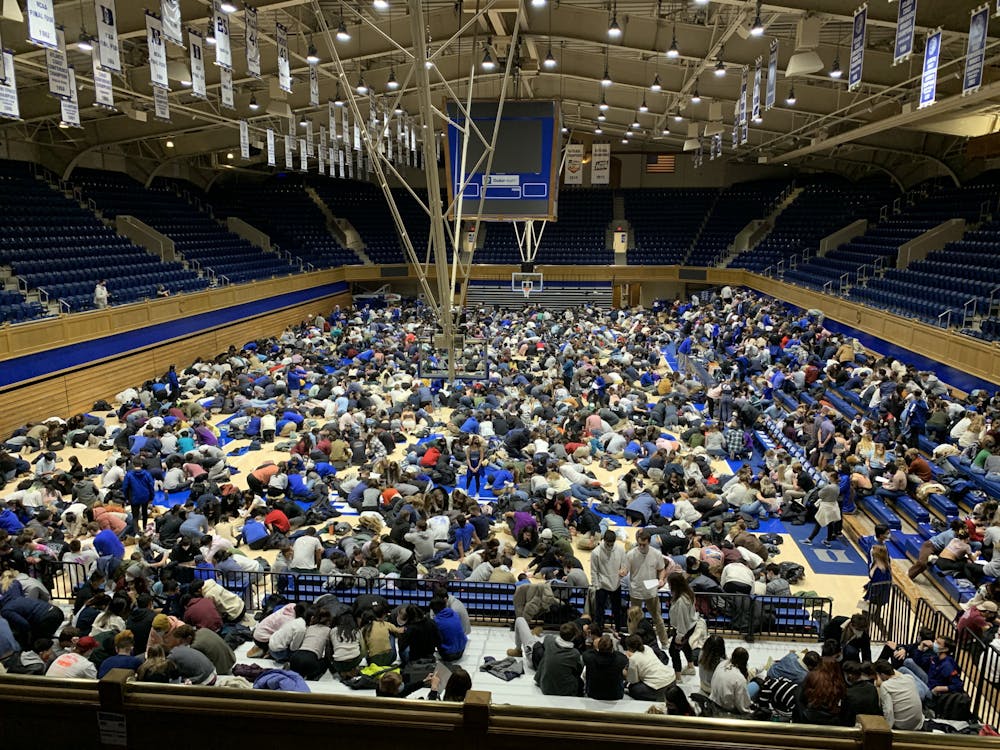 Students first gathered in Cameron Indoor Stadium in January to take a test to get a tenting spot in Krzyzewskiville. 