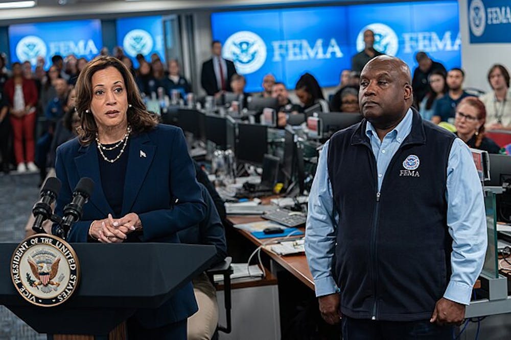 <p>Vice President Kamala Harris delivers a statement to the press at FEMA Headquarters Sept. 30 about the impact and recovery efforts from Hurricane Helene.</p>