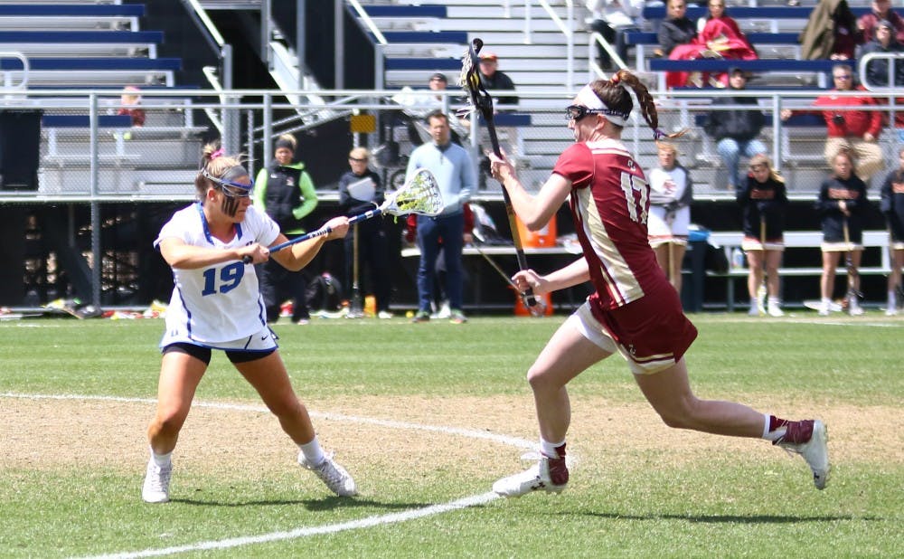 Senior Claire Scarrone and the Blue Devils will have to find a way to slow down North Carolina's relentless offense Saturday in Chapel Hill.