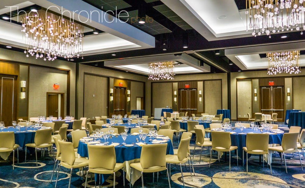 The ballroom is a 5,450 square foot area configurable to various setups. Shown above is the banquet configuration.