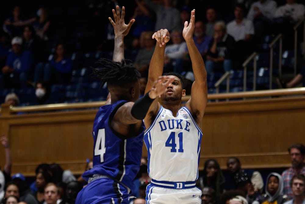Max Johns unleashes a shot during Duke's 82-45 exhibition win against Fayetteville State.
