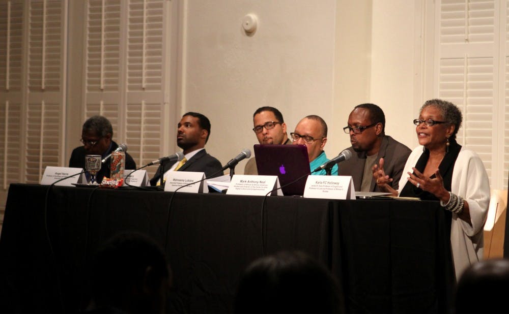 A panel addresses the Duke community at a town hall forum on the shooting of Michael Borwn in Ferguson, hosted by the African and African American Studies department.