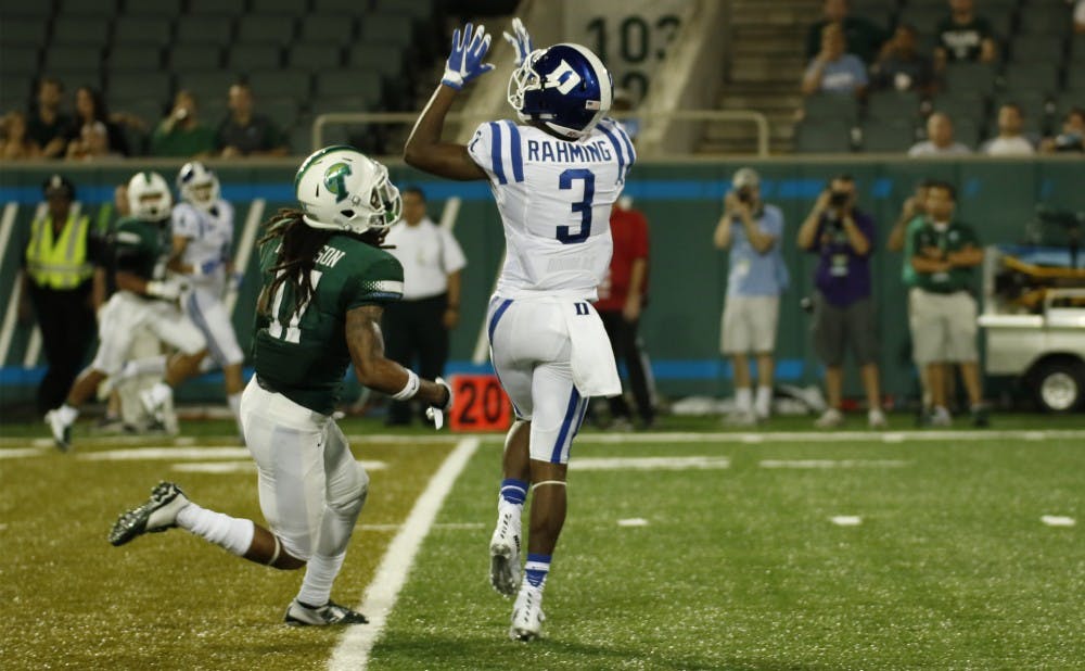 Freshman T.J. Rahming caught six passes for 70 yards in his college debut against Tulane and will look to find the end zone for the first time as a Blue Devil Saturday against N.C. Central.