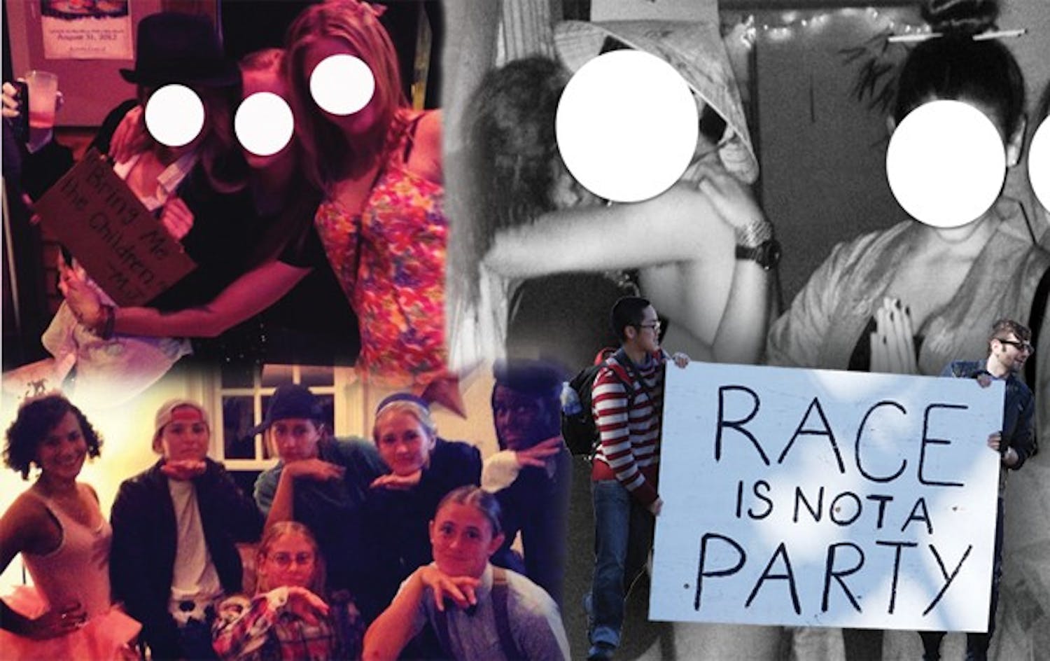 Clockwise from top left, students pose at a “Creepy Guys and Cutie Pies” party; “Asia Prime” party attendees dress in stereotypical costumes; activists hold a sign protesting the “Asia Prime” party; the women’s lacrosse team wears a costume involving blackface.