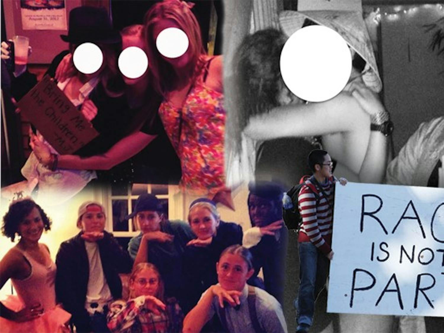 Clockwise from top left, students pose at a “Creepy Guys and Cutie Pies” party; “Asia Prime” party attendees dress in stereotypical costumes; activists hold a sign protesting the “Asia Prime” party; the women’s lacrosse team wears a costume involving blackface.