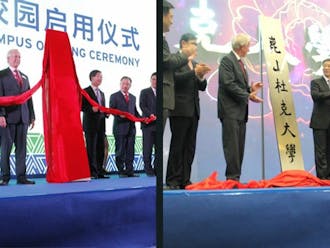 President Brodhead, along with Administrators from Wuhan University and Duke Kunshan University, stand united at the second day of the grand opening of Duke's campus in China.