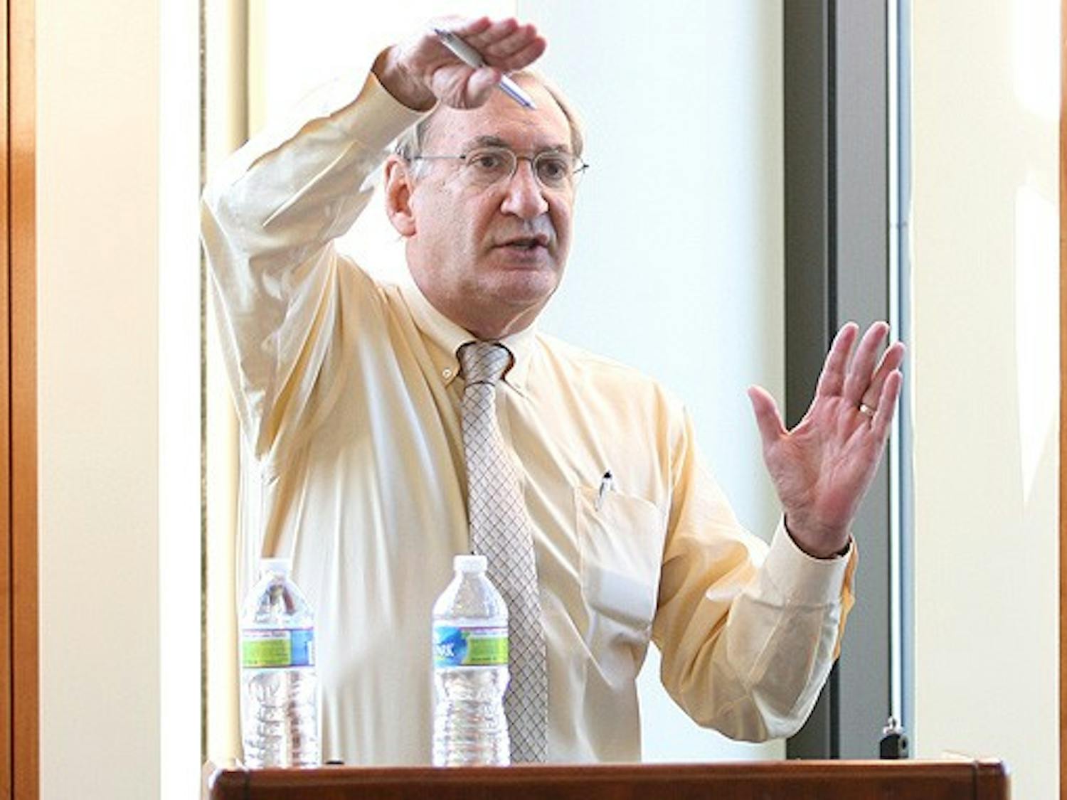 Professor David Vogel speaks Monday at the Sanford School of Public Policy.