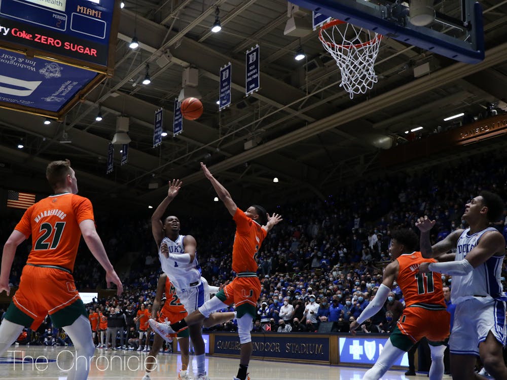 <p>A last-second heave from Duke's Trevor Keels clanked off the side of the rim, as Miami toughed out the Blue Devils Saturday night.</p>