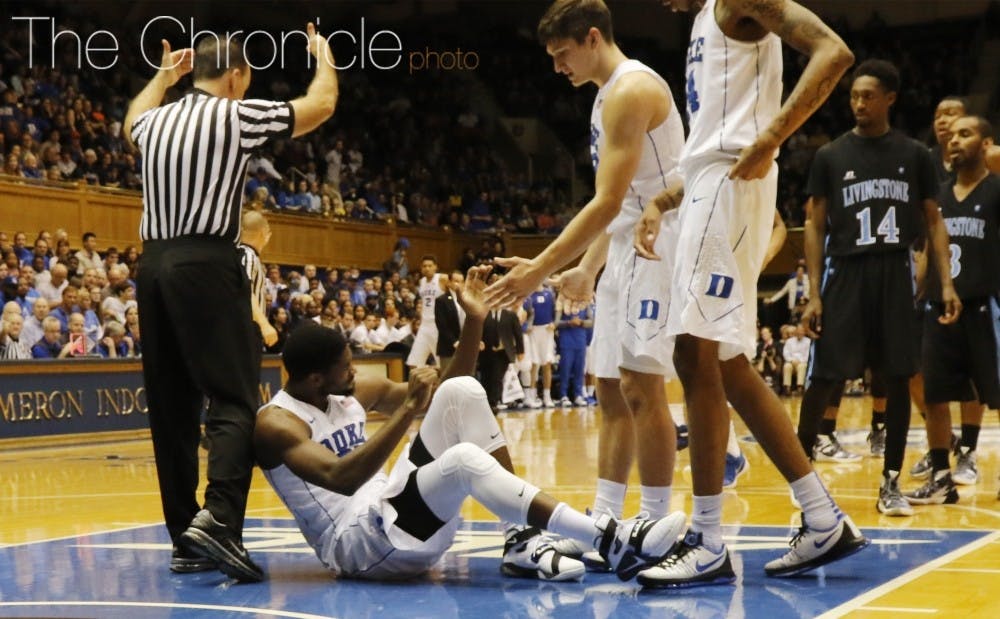 Senior Amile Jefferson&mdash;seen here grimacing after tweaking an ankle Nov. 4 against Livingstone&mdash;is out indefinitely with a right foot injury, meaning the rest of the Blue Devils must step up, beginning Tuesday against Georgia Southern.
